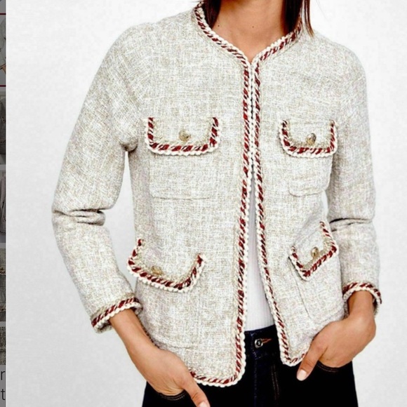 Zara Jackets & Blazers - Zara tweed blazer beige with burgundy braided trim M
